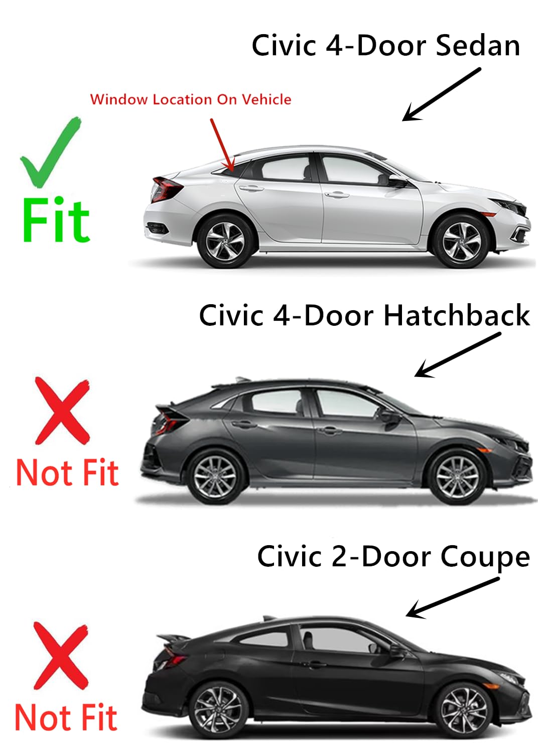 Tempered Passenger Right Side Quarter Window Quarter Glass Compatible with Honda Civic 4-Door Sedan 2016-2021 Models