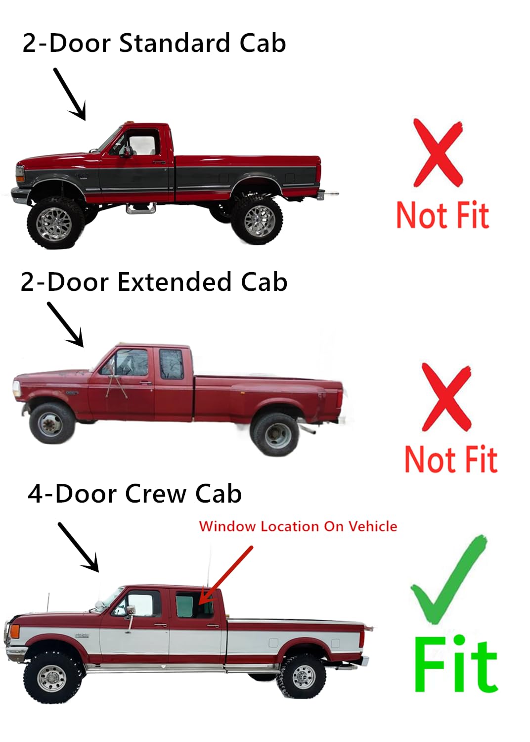 Tempered Driver Left Side Rear Door Window Door Glass Compatible with Ford F350 4-Door Crew Cab Pickup 1987-1994 Models