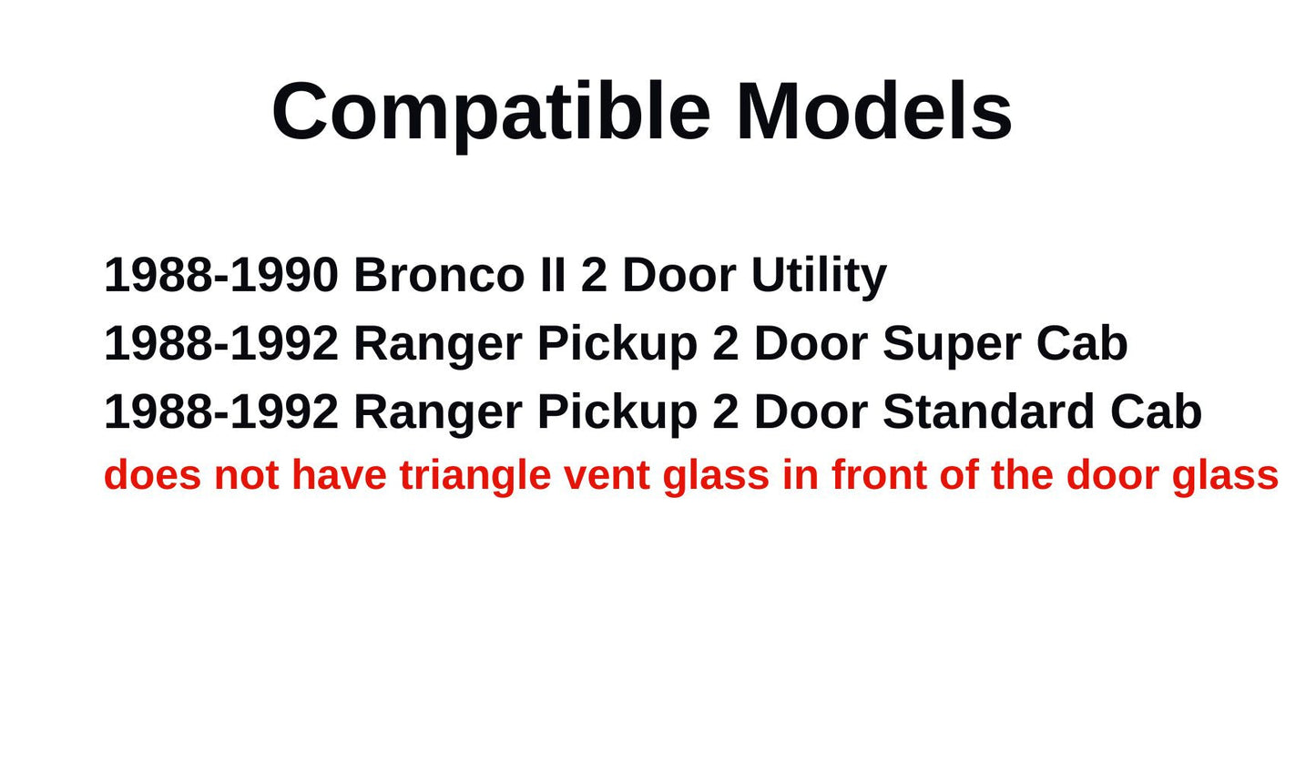 W/O Vent Style Passenger Right Side Door Window Door Glass Compatible with Ford Ranger Pickup 1988-1992 Models / Bronco II 2 Door Utility 1988-1990 Models