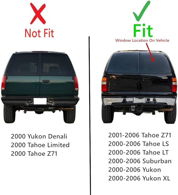 Heated Back Window Back Glass Passenger Right Side Compatible with GMC Yukon / Yukon XL / Chevrolet Suburban / Tahoe LS / Tahoe LT 2000-2006 & Yukon Denali / Tahoe Z71 2001-2006 Models