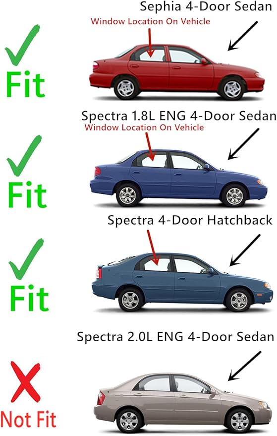Tempered Passenger Right Side Rear Door Window Door Glass Compatible with Kia Sephia 4 Door Sedan 1998-2001 / Spectra 1.8L Eng 2000-2004 Models