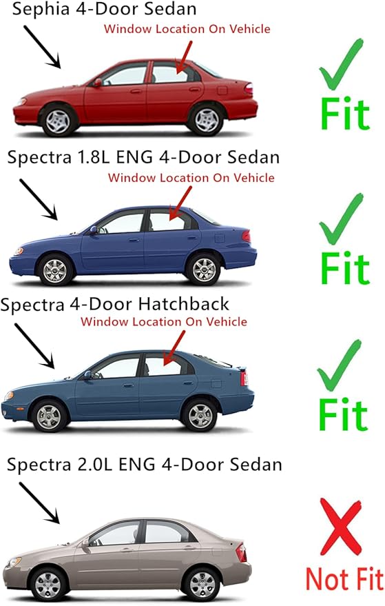 Tempered Driver Left Side Rear Door Window Door Glass Compatible with Kia Sephia 4 Door Sedan 1998-2001 / Spectra 1.8L Eng 2000-2004 Models