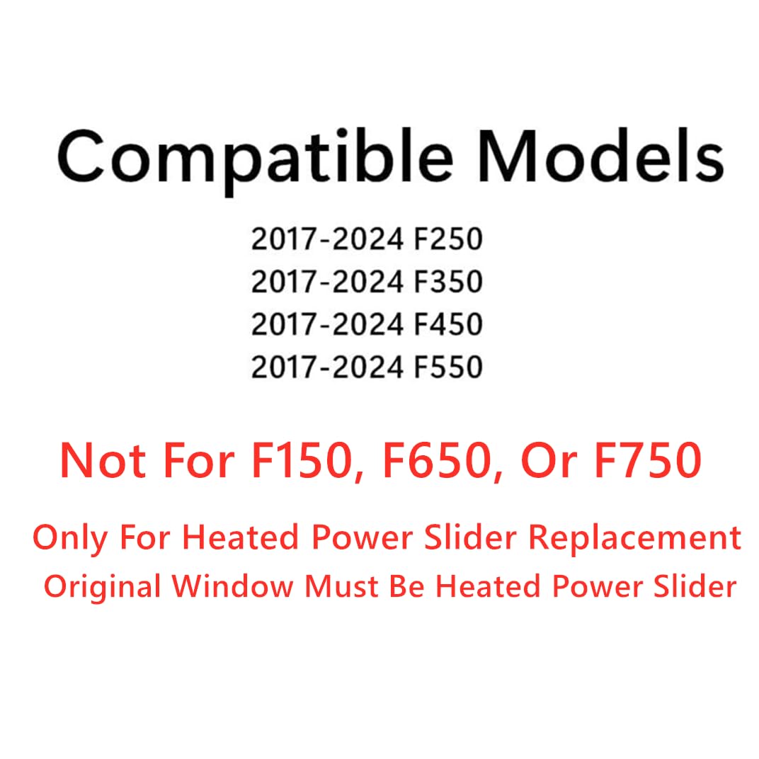 W/ Motor Heated Sliding Back Window Glass Back Power Slider Compatible with Ford F250 / F350 / F450 / F550 Pickup 2017-2024 Models