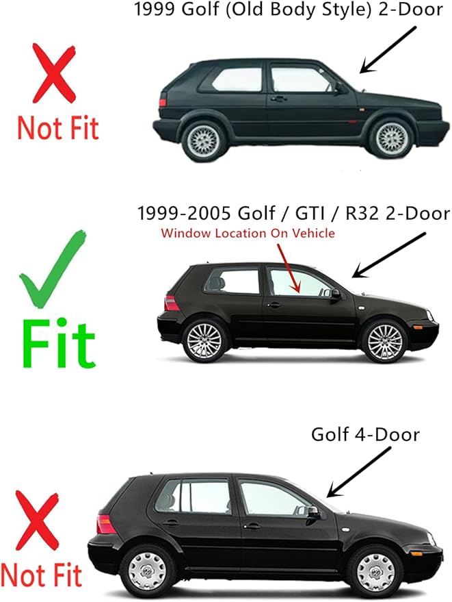 Passenger Right Side Door Window Door Glass Compatible with Volkswagen GTI 1999-2005 / New Golf 1999 / Golf 2000-2005 / R32 2004-2005 2-Door Hatchback Models