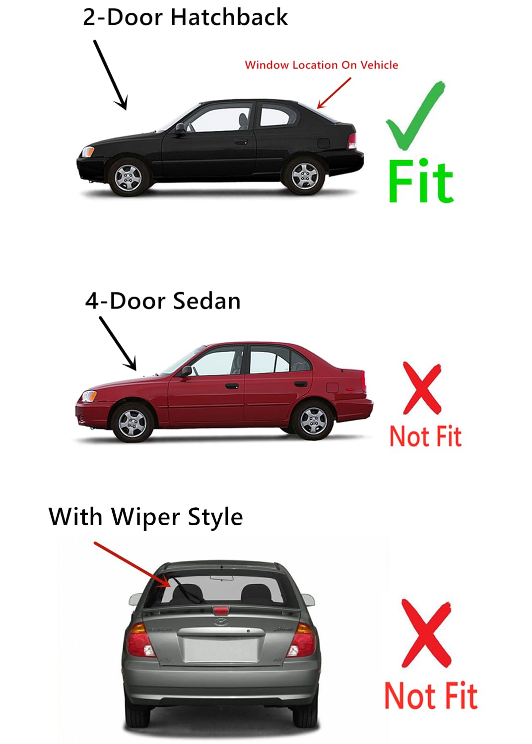 Without Wiper Style Heated Rear Back Window Back Glass Compatible with Hyundai Accent 2-Door Hatchback 2000-2002 Models