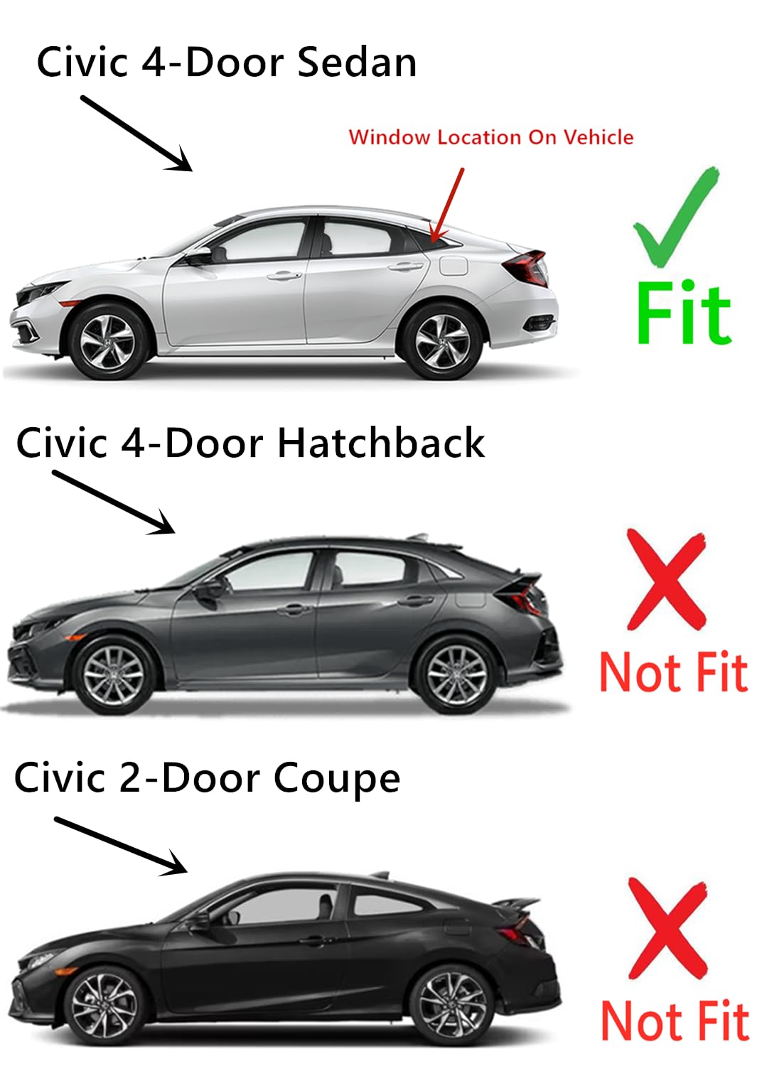 Tempered Driver Left Side Quarter Window Quarter Glass Compatible with Honda Civic 4-Door Sedan 2016-2021 Models