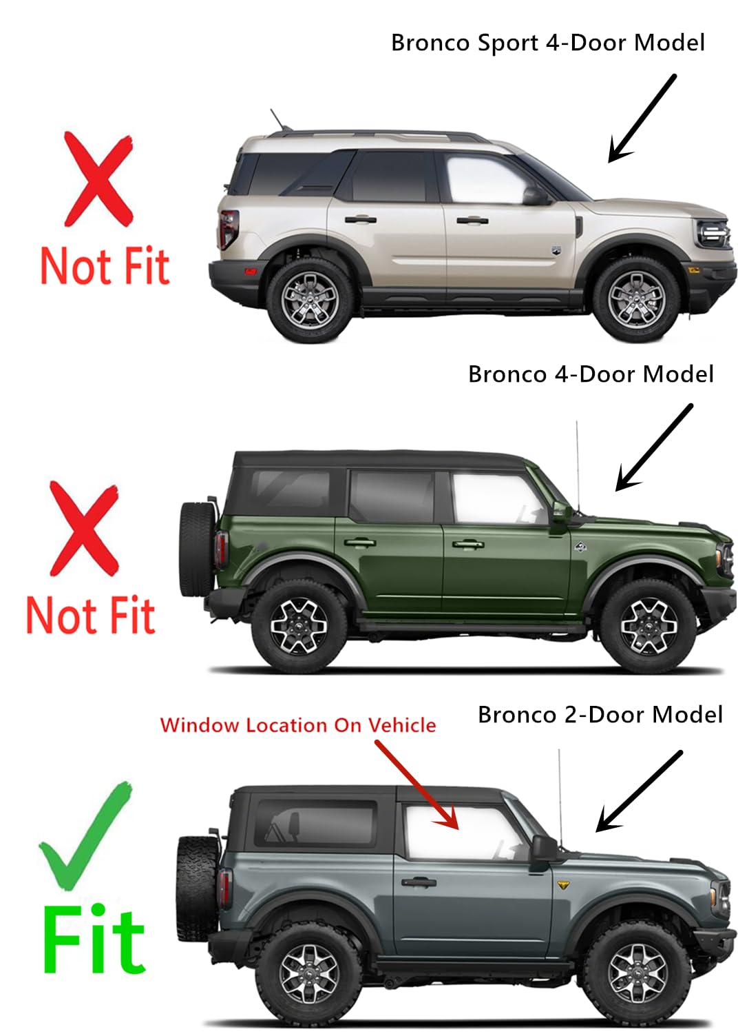 Tempered Passenger Right Side Door Window Door Glass Compatible with Ford Bronco 2021-2025 2-Door Models (Not For 4-Door Models)