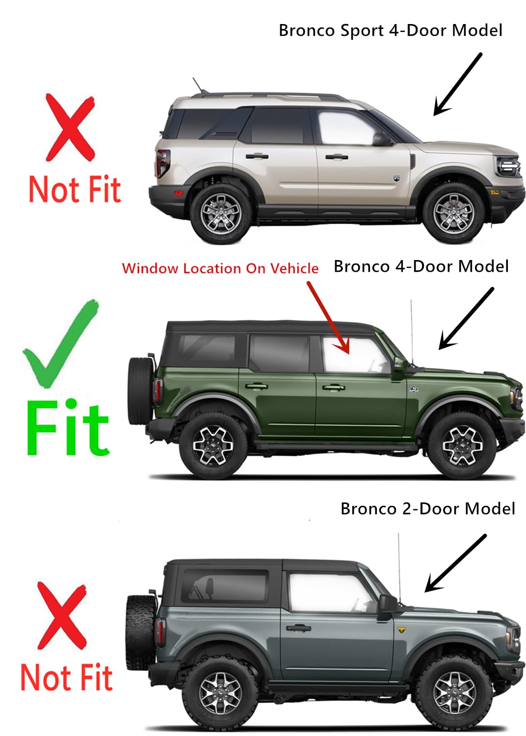 Tempered Passenger Right Side Front Door Window Door Glass Compatible with Ford Bronco 2021-2025 4-Door Models (Not For Bronco Sport Or 2-Door Models)