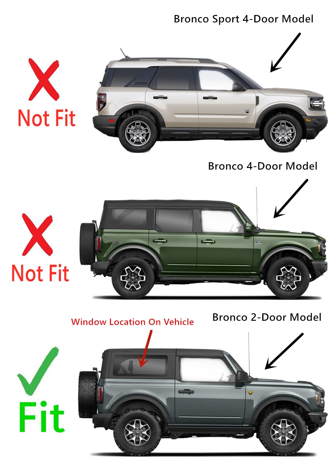 Tempered Passenger Right Side Quarter Window Quarter Glass Compatible with Ford Bronco 2021-2025 2-Door Models (Not For 4-Door Models)