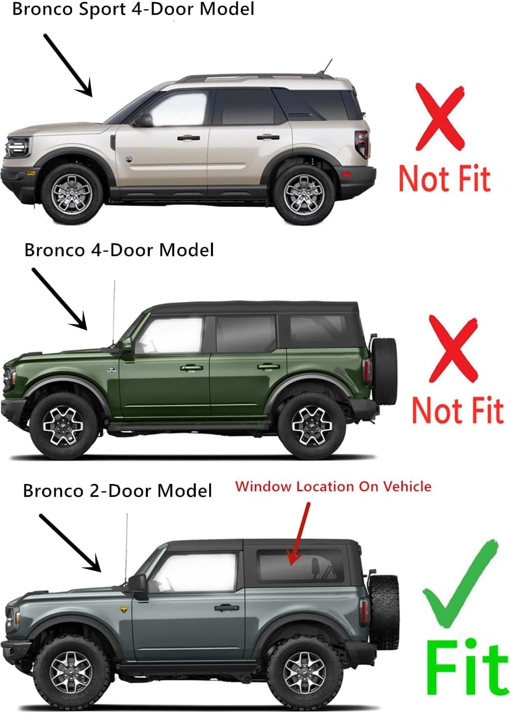 Tempered Driver Left Side Rear Quarter Window Quarter Glass Compatible with Ford Bronco 2021-2025 2-Door Models (Not For 4-Door Models)