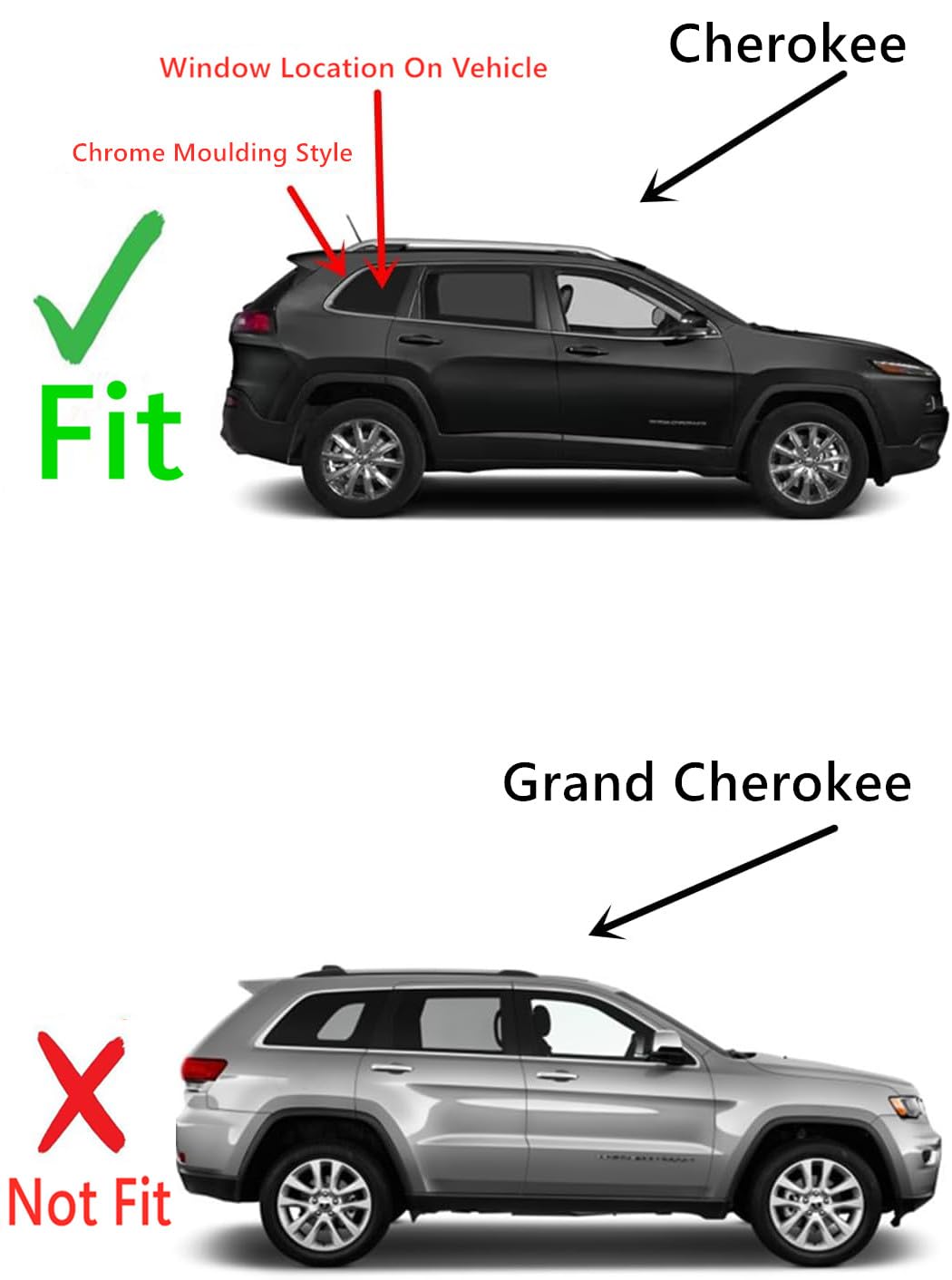 Chrome Molding Style Passenger Right Side Quarter Window Quarter Glass Compatible with Jeep Cherokee 2014-2018 Models (Not For Grand Cherokee)