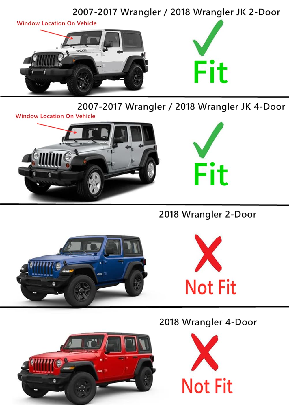 Without 3rd Visor Frit Style Laminated Front Windshield Window Glass Compatible with Jeep Wrangler 2007-2017 / Wrangler JK 2018 Models