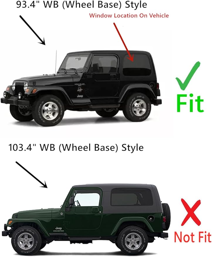 Driver Left Side Rear Quarter Window Quarter Glass Compatible with Jeep Wrangler 93.4'' WB Short Wheel Bass 1987-2006 Models