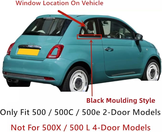Black Molding Passenger Right Side Quarter Glass Quarter Window Compatible with Fiat 500 / 500C / 500e 2012-2019 Models