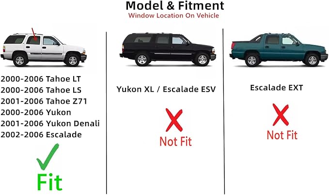 Passenger Right Side Rear Door Window Door Glass Compatible with Chevrolet Tahoe & GMC Yukon 2000-2006 Models / Cadillac Escalade 2002-2006 Models