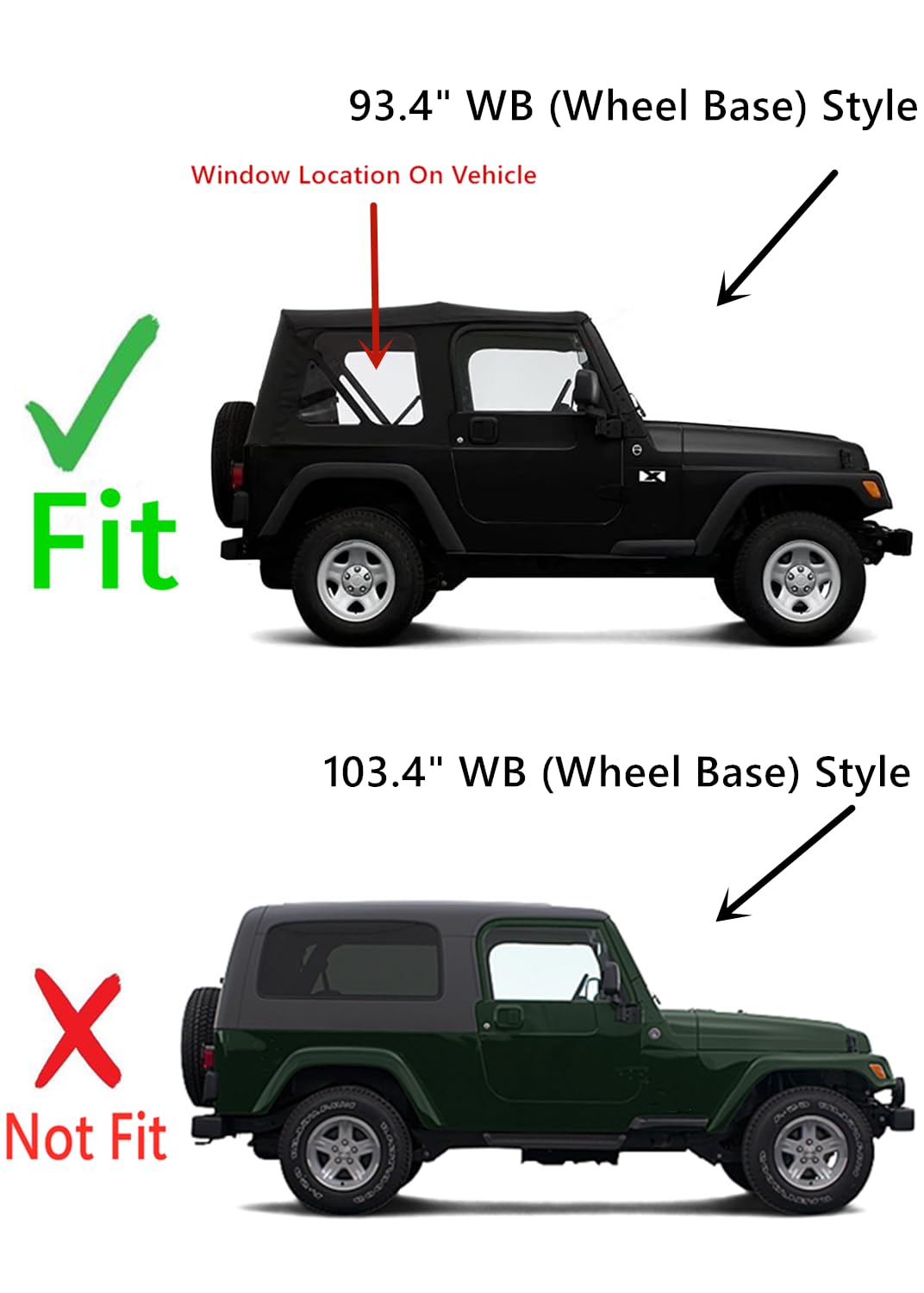 Tempered Clear Passenger Right Side Rear Quarter Window Quarter Glass Compatible with Jeep Wrangler 93.4'' WB Short Wheel Bass 1997-2006 Models