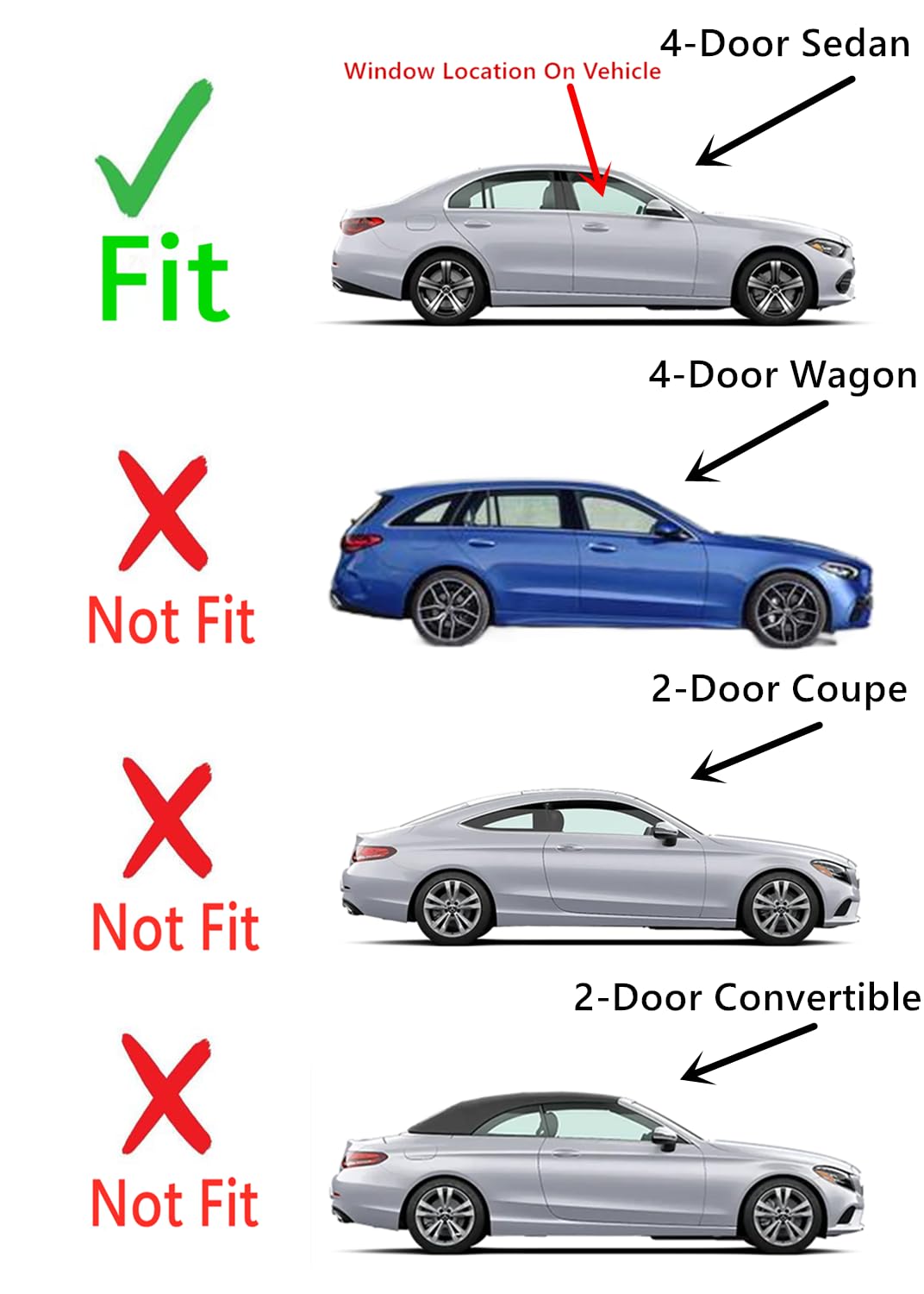 Tempered Passenger Right Side Front Door Window Door Glass Compatible with Mercedes Benz C-Class C200 C300 C43AMG C63AMG 4-Door Sedan 2022-2024 Models