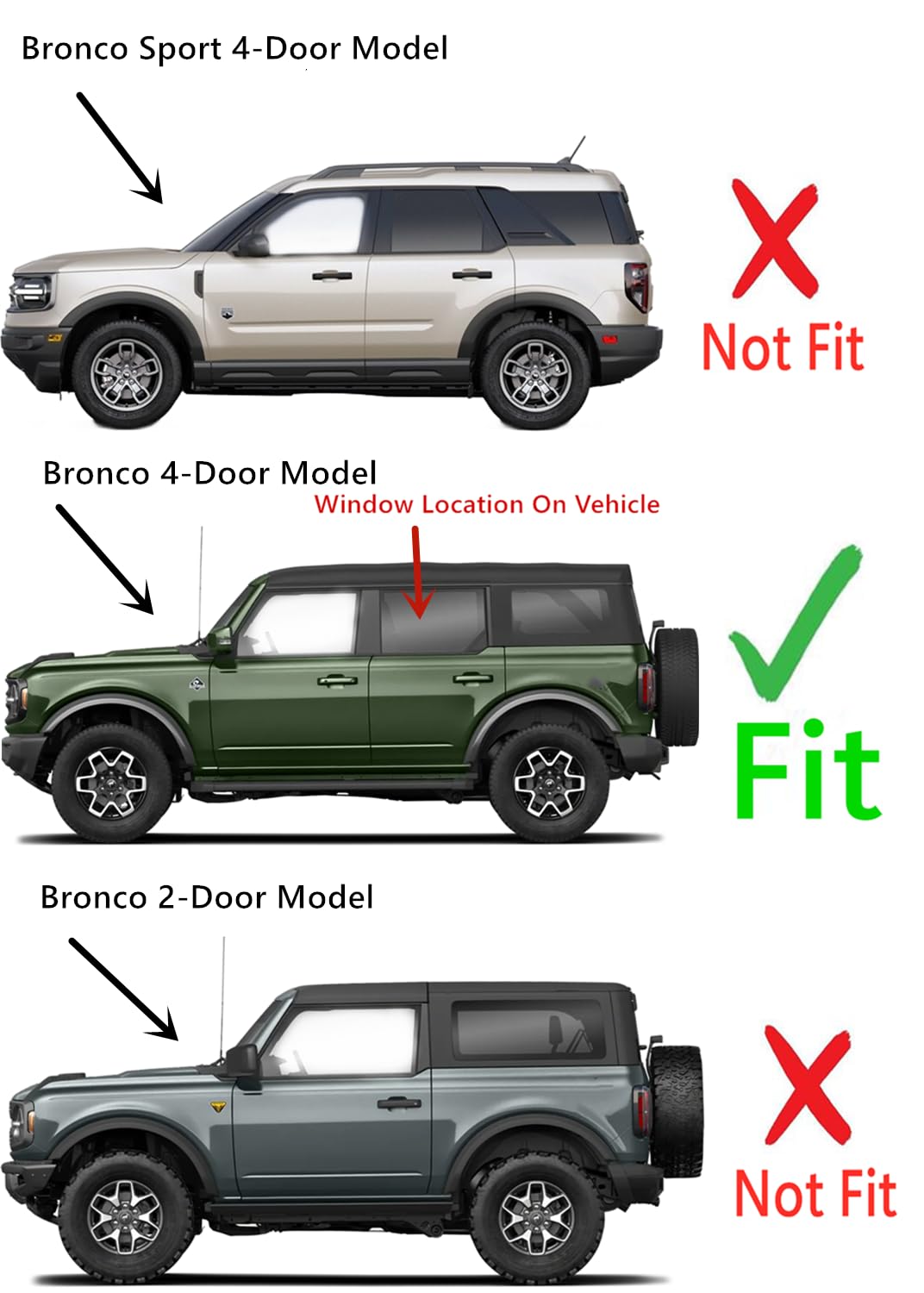 Tempered Driver Left Side Rear Door Window Door Glass Compatible with Ford Bronco 2021-2025 4 Door Models (Not For Bronco Sport Or 2-Door Models)