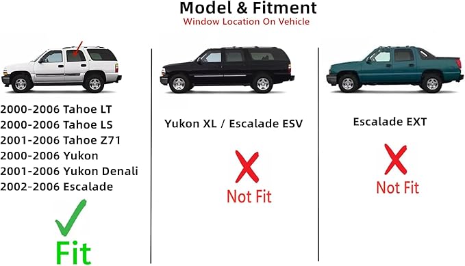 Driver Left Side Rear Door Window Door Glass Compatible with Chevrolet Tahoe & GMC Yukon 2000-2006 Models / Cadillac Escalade 2002-2006 Models