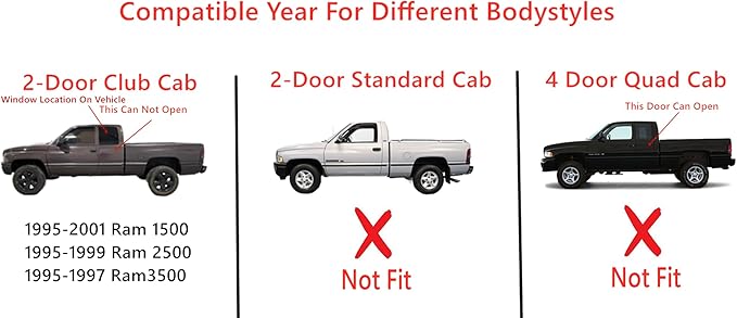 Driver Left Side Quarter Window Quarter Glass Compatible with Dodge Ram 1500 / 2500 /3500 2 Door Club Cab Pickup 1995-2001 Models