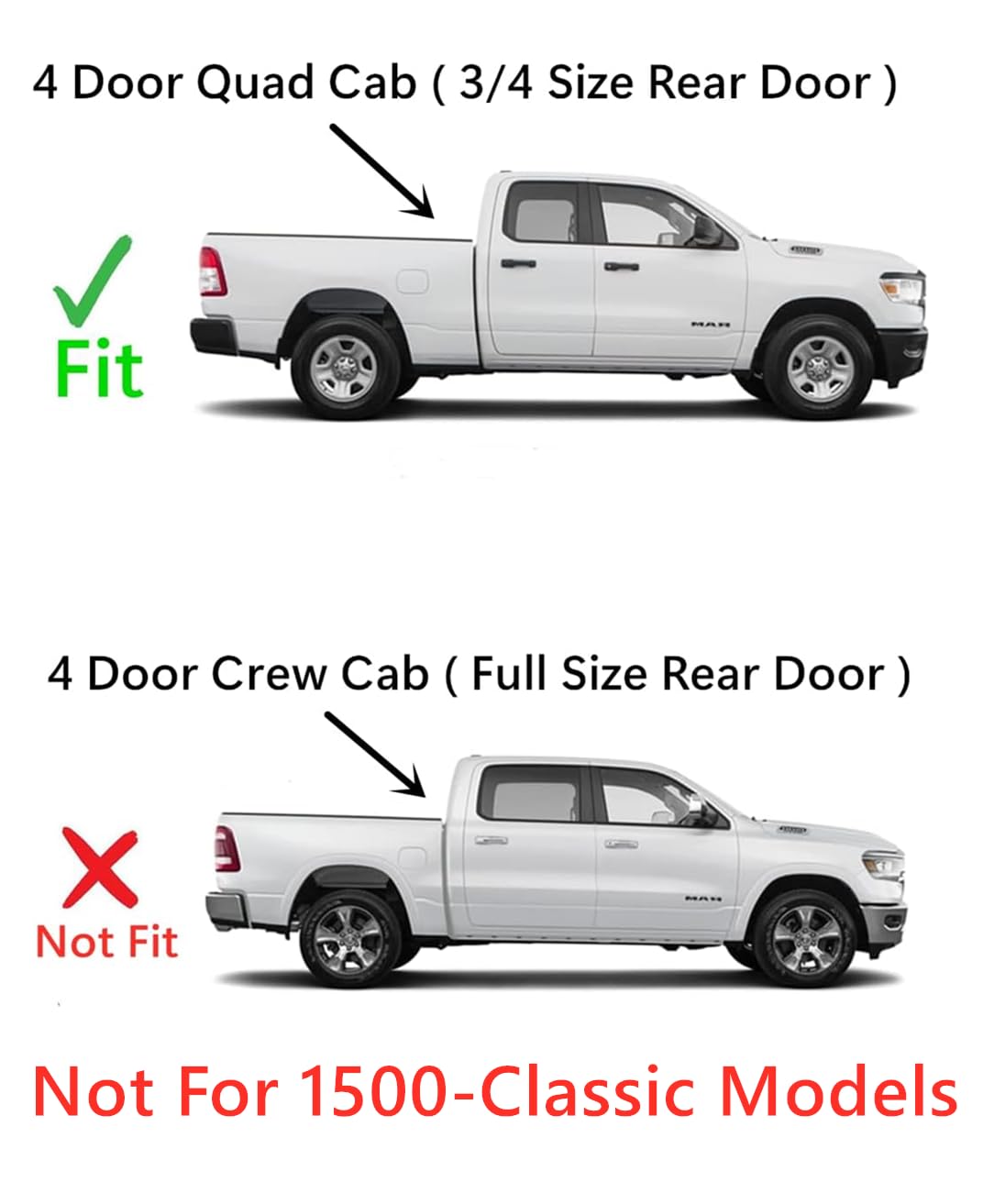 Passenger Right Side Rear Door Window Door Glass Compatible with Ram Pickup 1500 4 Door Quad Cab 2019-2024 Models (Not For 1500Classic)
