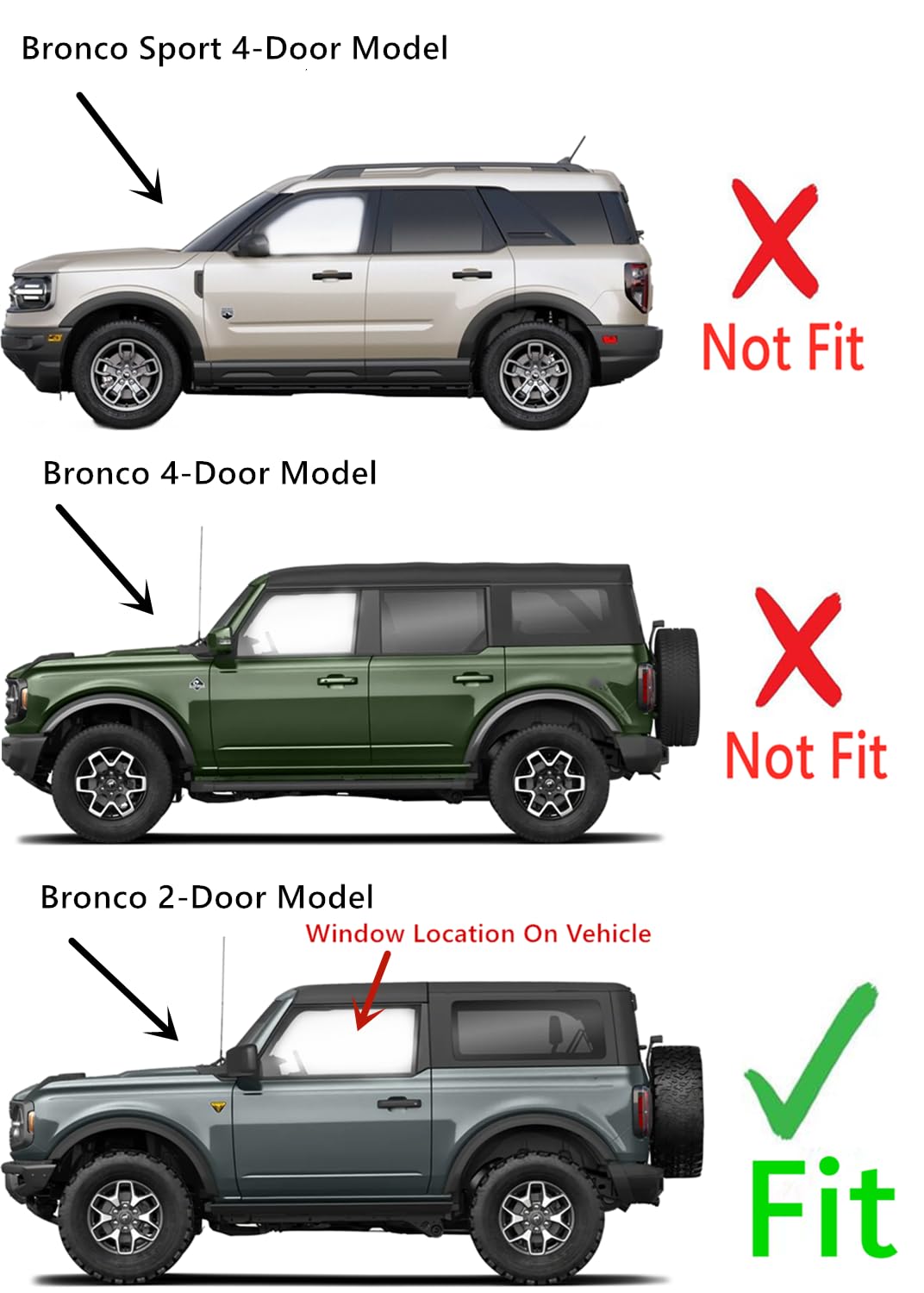Tempered Driver Left Side Door Window Door Glass Compatible with Ford Bronco 2021-2025 2-Door Models (Not For 4-Door Models)