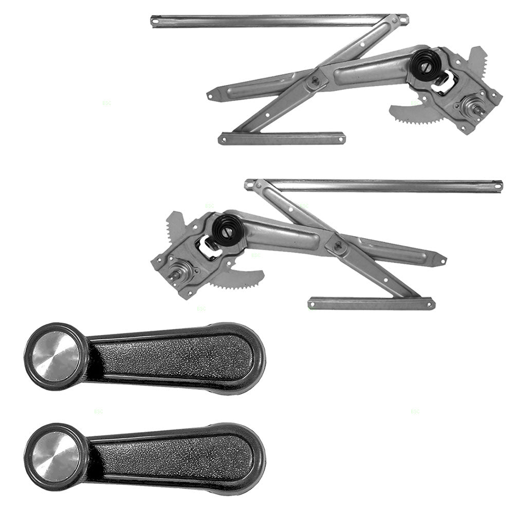 4 Pc Set Manual Window Regulators w/Black + Chrome Crank Handles Compatible with Pickup 79-04 Truck w/out Vent Window 6980289107 6980189107