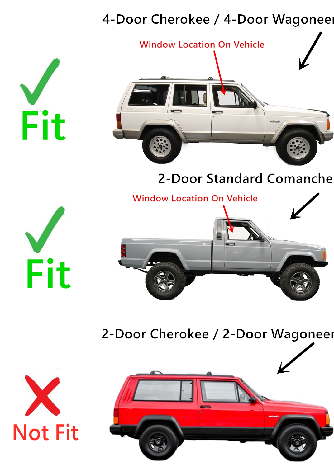 Passenger Right Side Front Door Window Door Glass Compatible with Jeep Cherokee/Wagoneer 1984-1996 4 Door Models / Comanche Pickup 1986-1992 2 Door Models