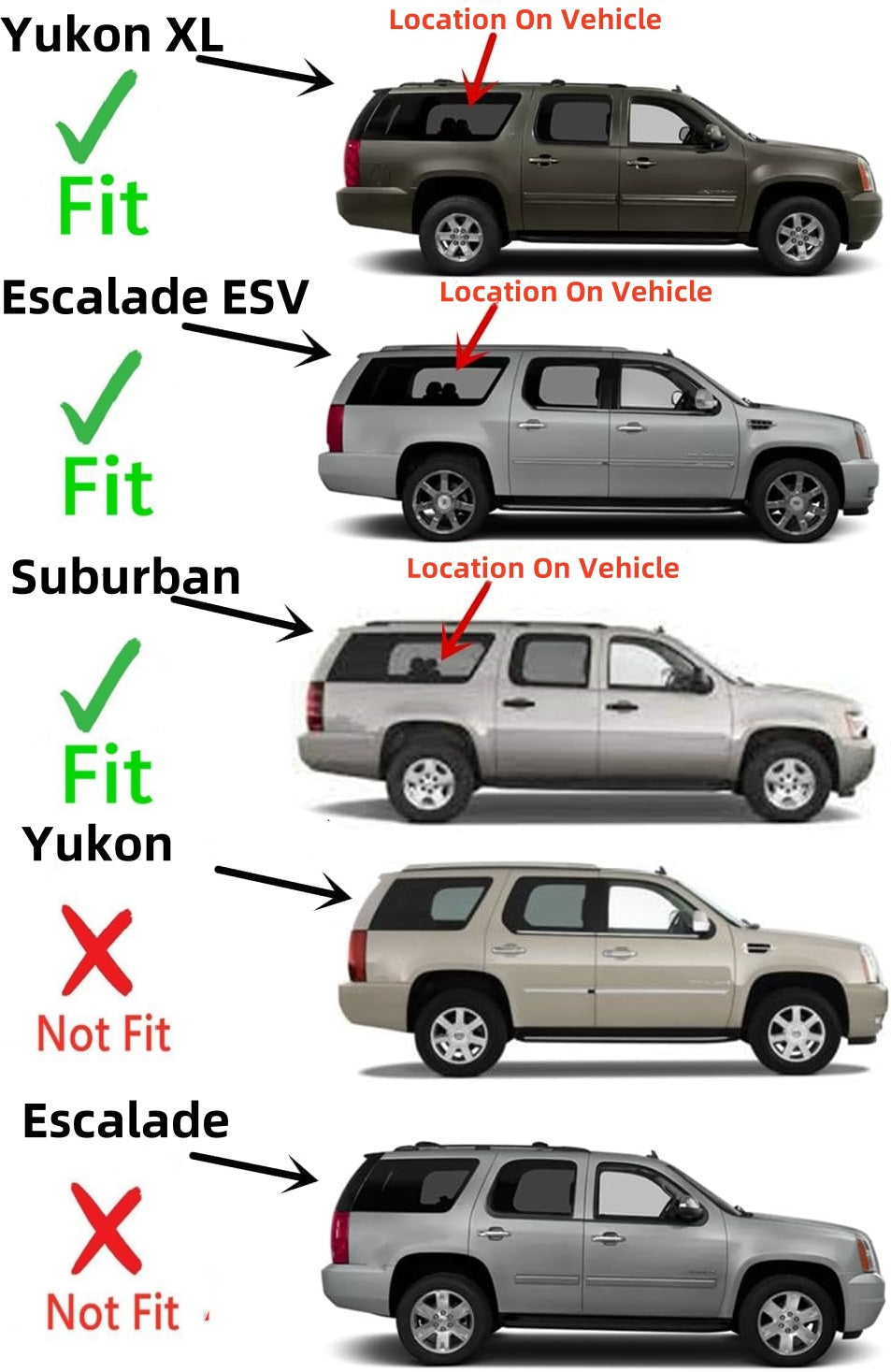 Passenger Right Side Quarter Window Quarter Glass with Antenna Style Compatible with Chevrolet Suburban 1500 & 2500/GMC Yukon XL 1500 & 2500/Cadillac Escalade ESV 2011-2014 Models